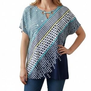JM Collection XXL Geometric Blouse Blue Navy Yellow Ruched Hem Dolman Sleeve